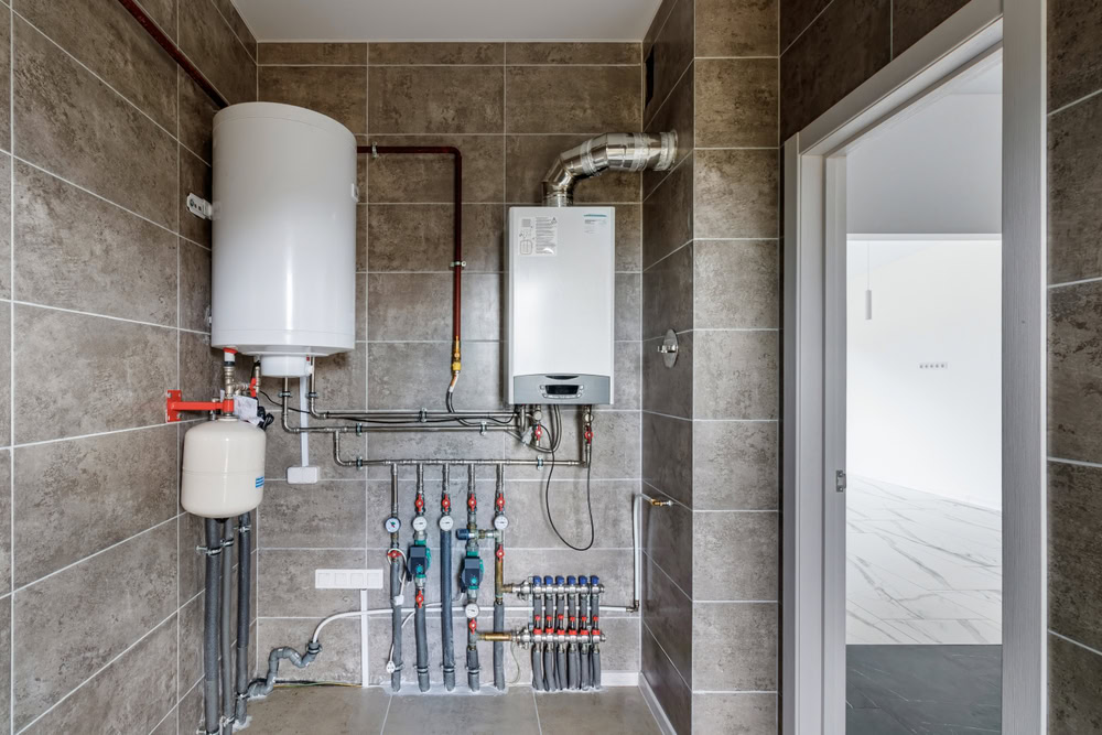 A utility room with tiled walls features a water heater, boiler, pipes, valves, gauges, and a pressure tank—perfect for those seeking emergency HVAC service in Long Island, NY or Queens. The room connects to an adjacent area with a white door and light flooring.
