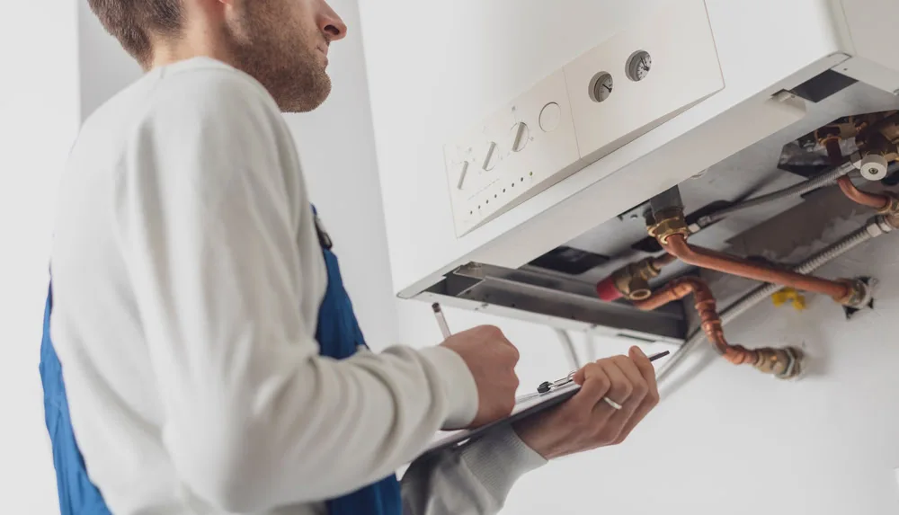 A technician in a white shirt and blue overalls inspects and takes notes on a clipboard in front of an open wall-mounted boiler with visible pipes.
