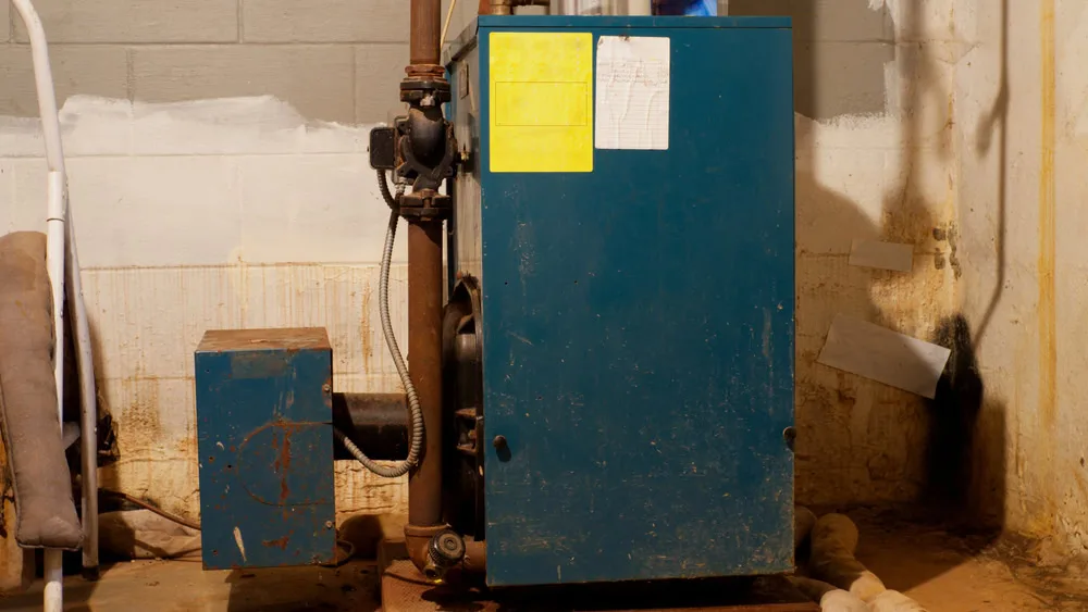 A blue, rectangular furnace or boiler unit stands against a basement wall with peeling paint and rust stains. A yellow maintenance tag and a small chart are attached to the front. Pipes and wires extend from the unit.