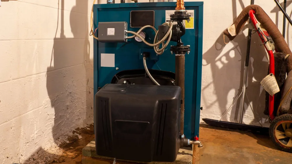 A blue and black furnace or boiler sits on a concrete platform in a basement with white painted walls and exposed pipes. A red lawn mower is partially visible to the right.