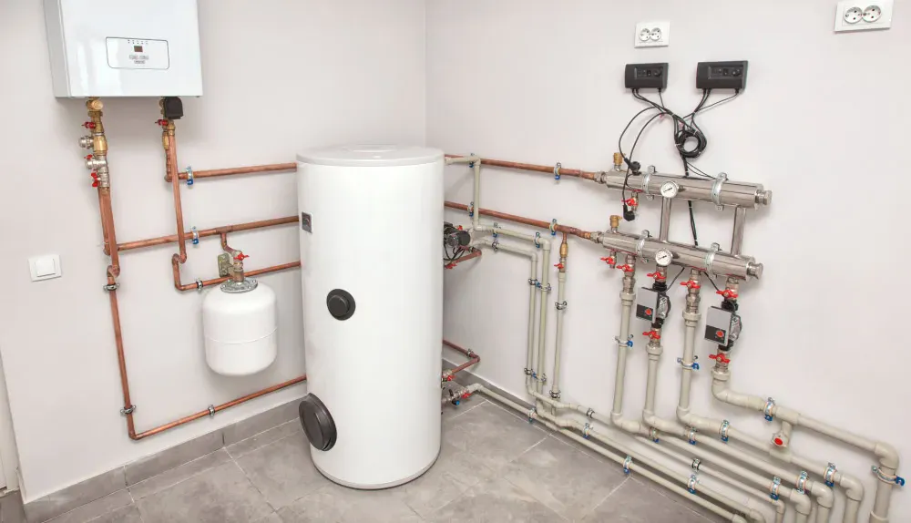 Modern boiler system with piping for heating and hot water supply.